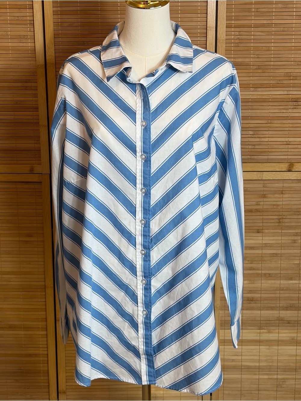 Woman Within Blue and White Striped Button-Down Shirt 1X runs large
